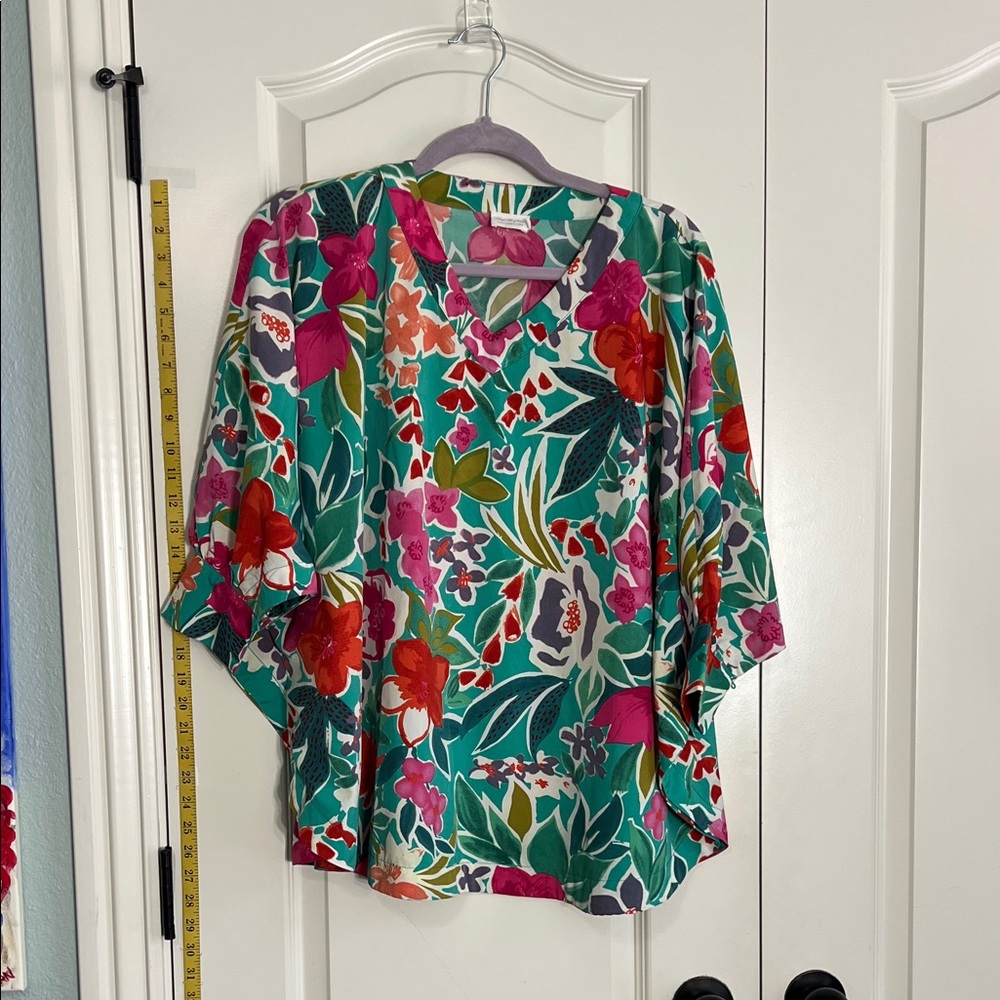 V-Neck Floral Top in Teal Multicolor